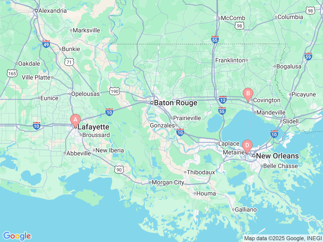 Map of Ochsner-affiliated facilities that provide services related to Brain, Spinal & Central Nervous System Cancer (Neuro-oncology)