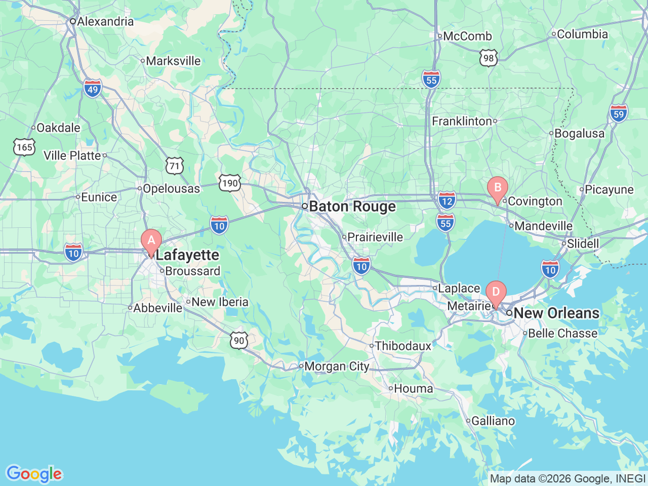 Map of Ochsner-affiliated facilities that provide services related to Brain, Spinal & Central Nervous System Cancer (Neuro-oncology)
