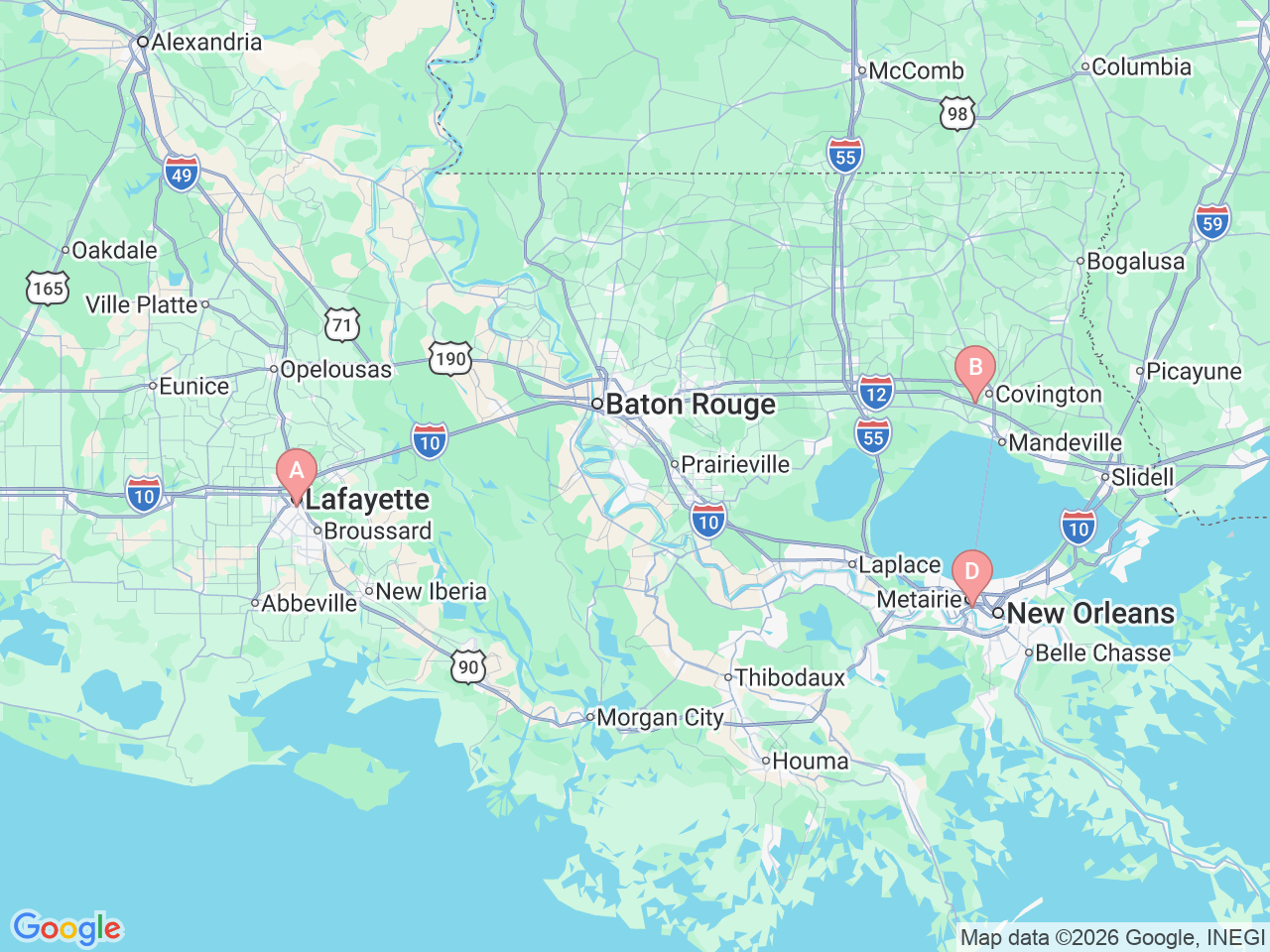 Map of Ochsner-affiliated facilities that provide services related to Brain, Spinal & Central Nervous System Cancer (Neuro-oncology)