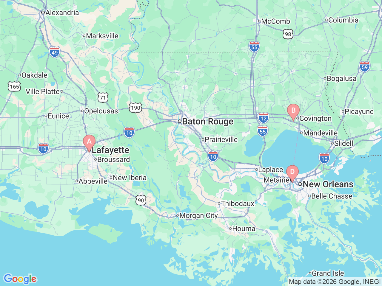 Map of Ochsner-affiliated facilities that provide services related to Brain, Spinal & Central Nervous System Cancer (Neuro-oncology)