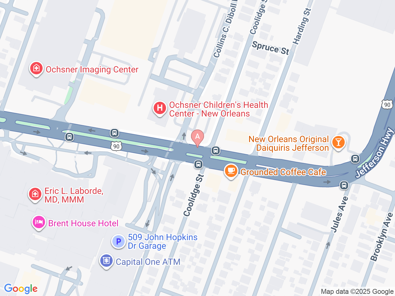 Map of Ochsner-affiliated facilities that provide services related to Neurodevelopmental Follow-Up Care
