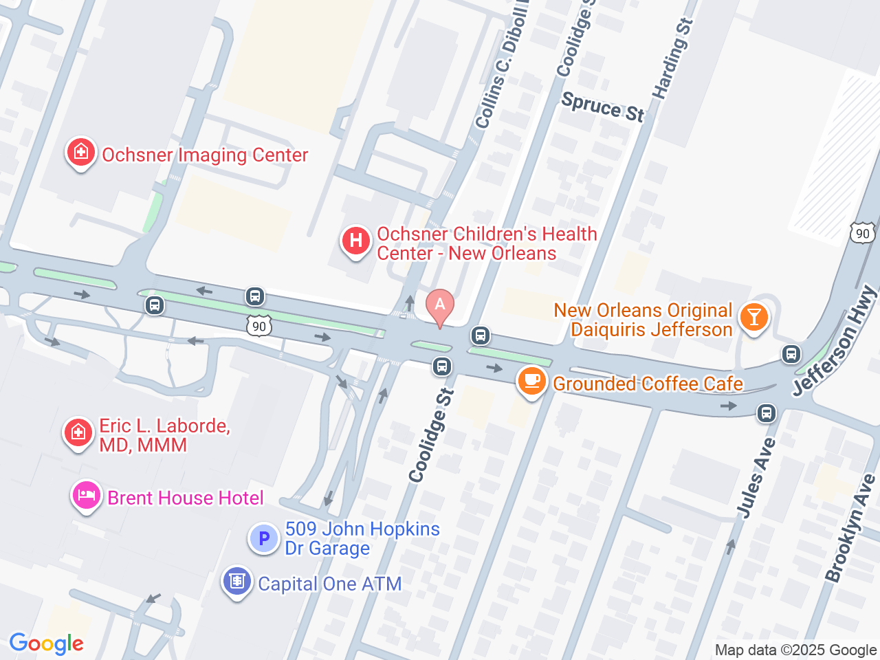 Map of Ochsner-affiliated facilities that provide services related to Neurodevelopmental Follow-Up Care