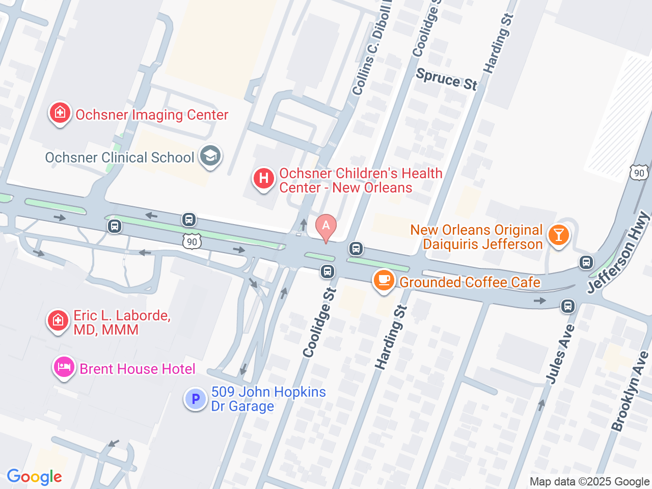 Map of Ochsner-affiliated facilities that provide services related to Neurodevelopmental Follow-Up Care