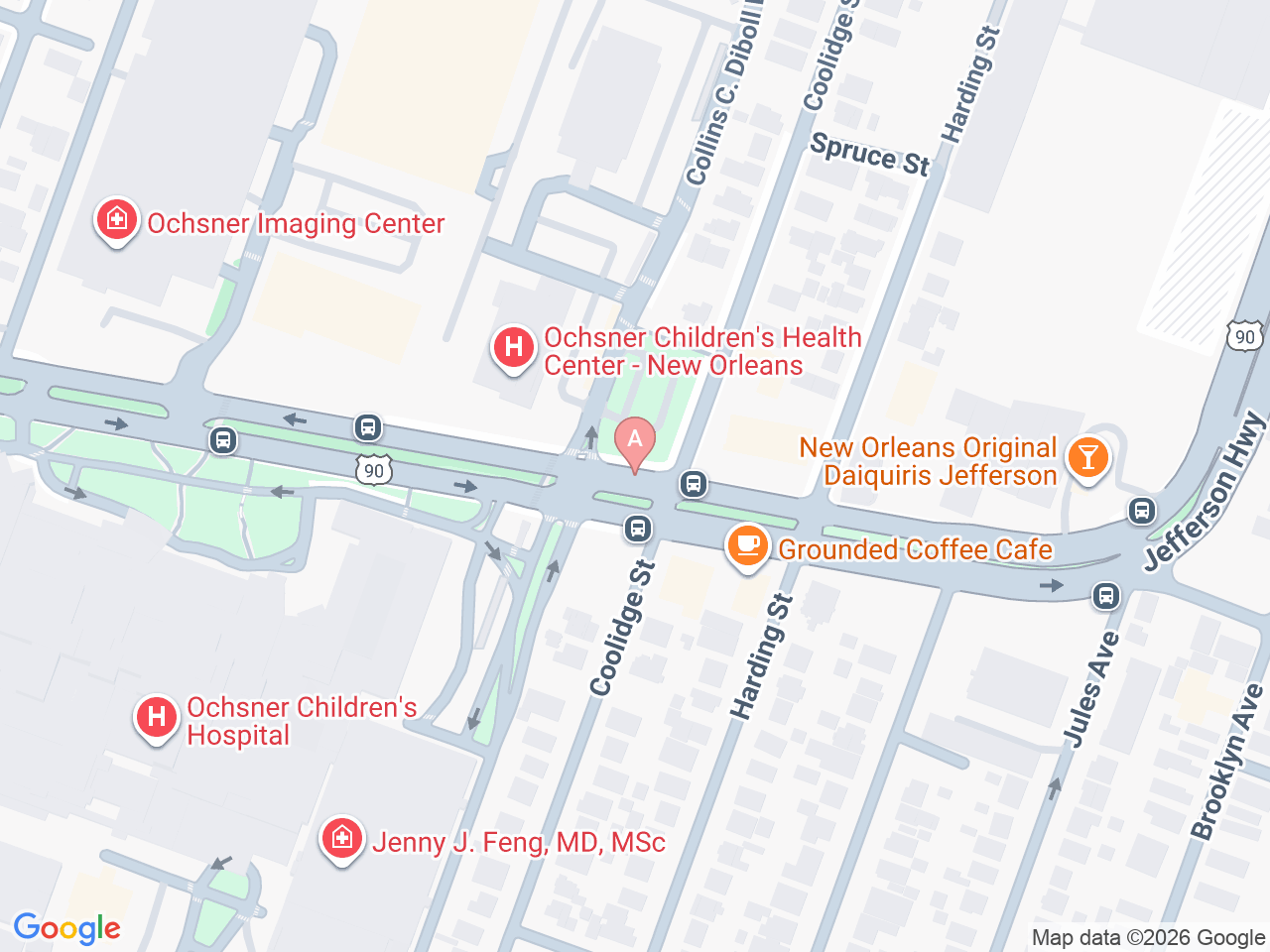 Map of Ochsner-affiliated facilities that provide services related to Neurodevelopmental Follow-Up Care