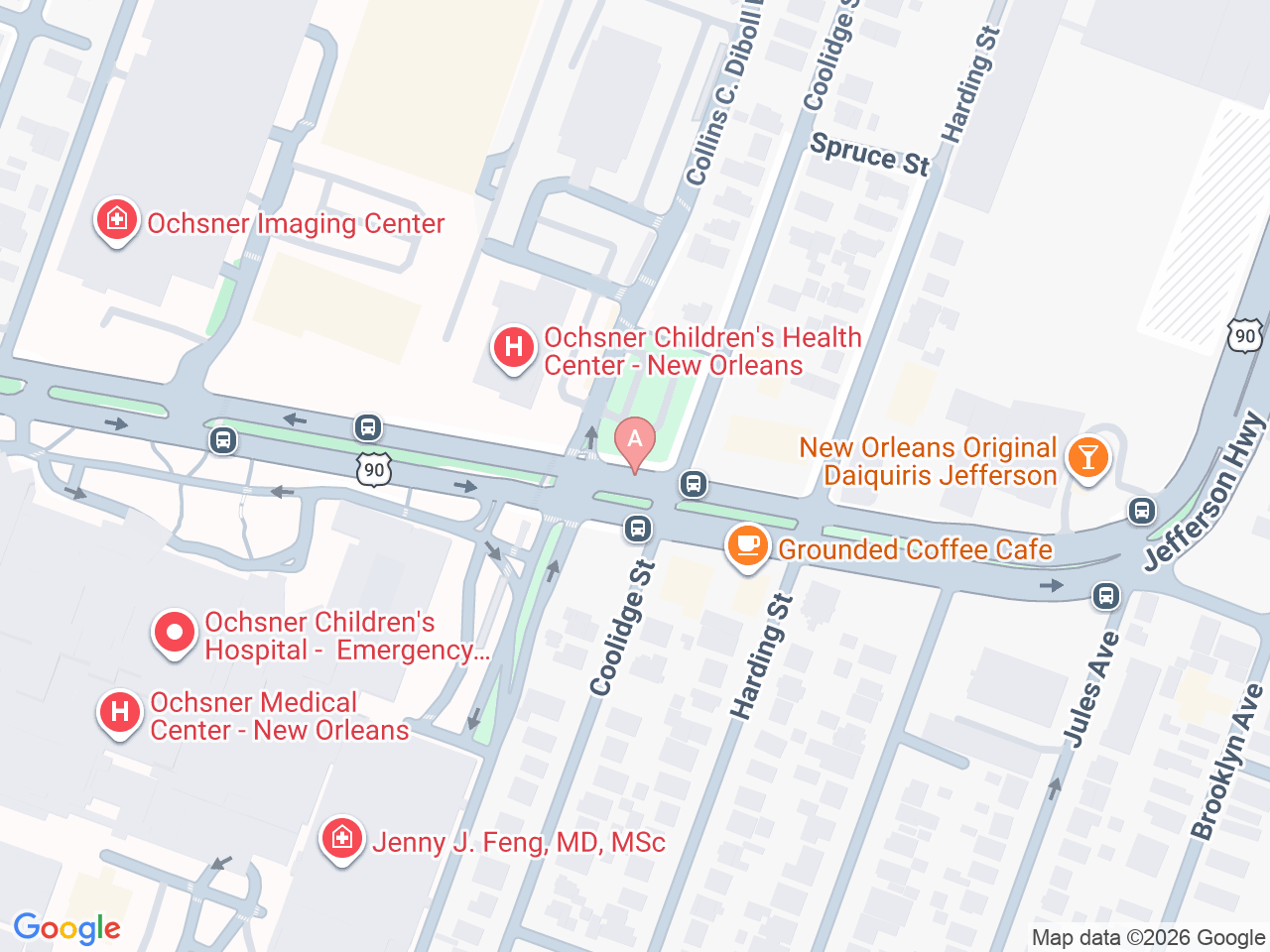 Map of Ochsner-affiliated facilities that provide services related to Neurodevelopmental Follow-Up Care