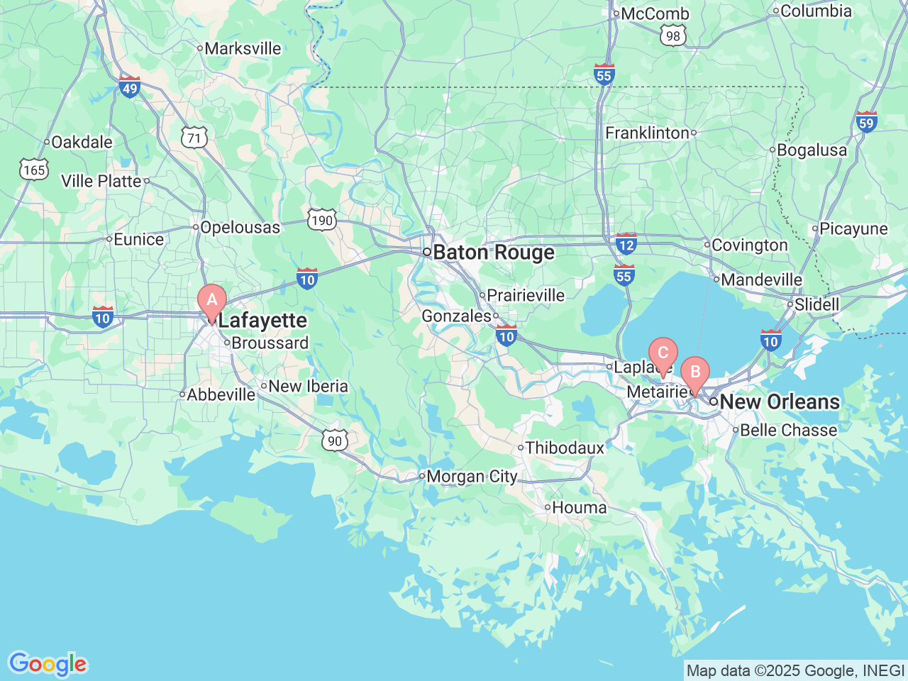 Map of Ochsner-affiliated facilities that provide services related to Neuroendocrine Cancer (Tumor / Carcinoid)