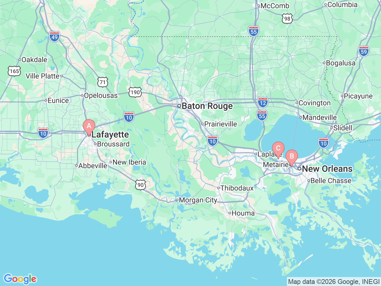 Map of Ochsner-affiliated facilities that provide services related to Neuroendocrine Cancer (Tumor / Carcinoid)