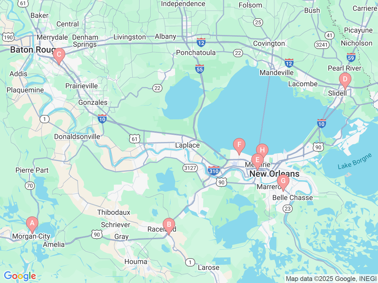 Map of Ochsner-affiliated facilities that provide services related to Neurological Rehab