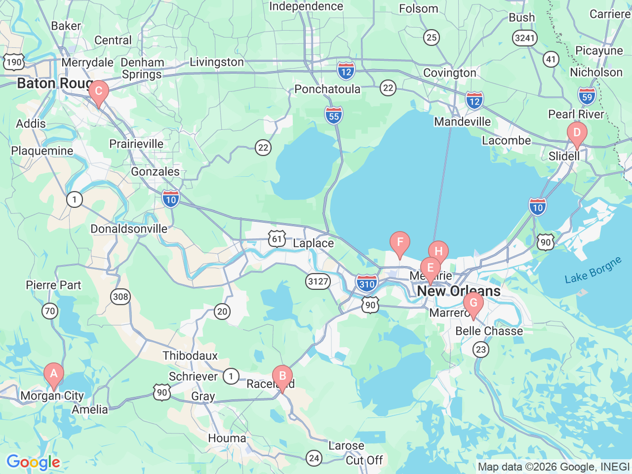 Map of Ochsner-affiliated facilities that provide services related to Neurological Rehab