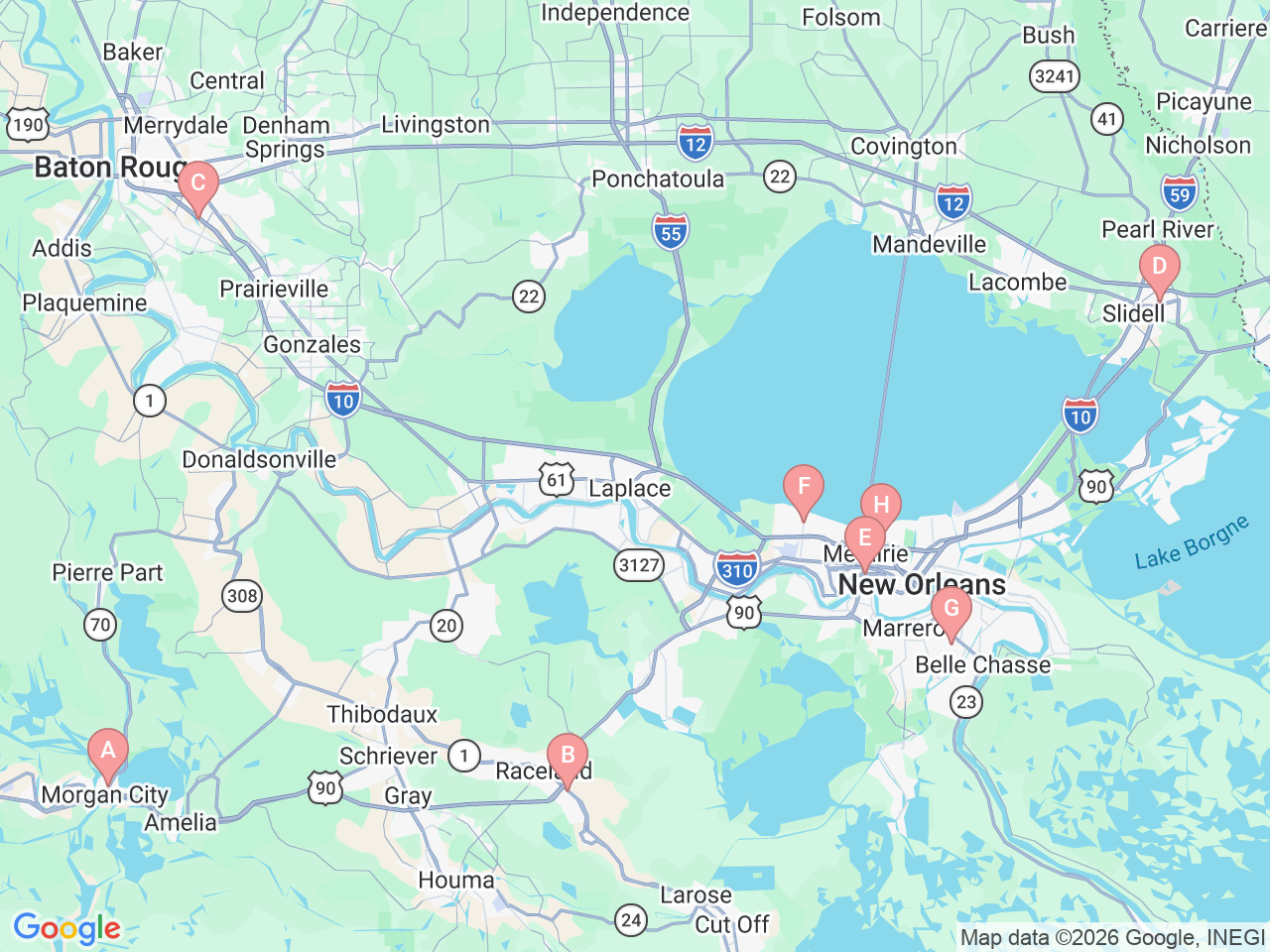 Map of Ochsner-affiliated facilities that provide services related to Neurological Rehab