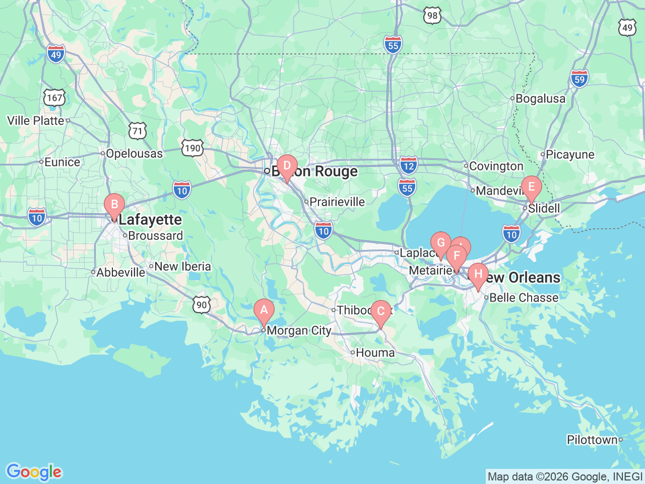 Map of Ochsner-affiliated facilities that provide services related to Neurological Rehab