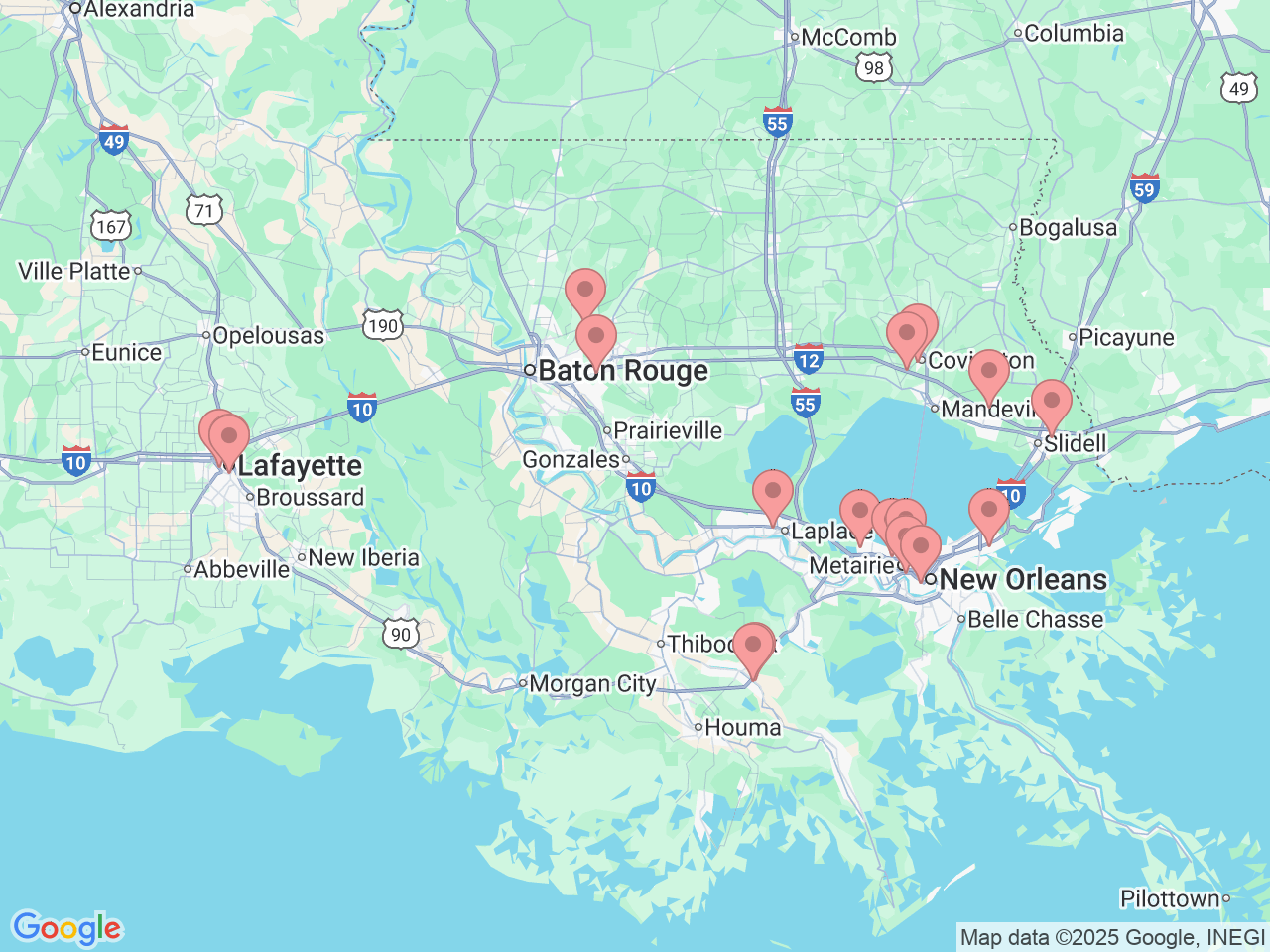 Map of Ochsner-affiliated facilities that provide services related to Neurology