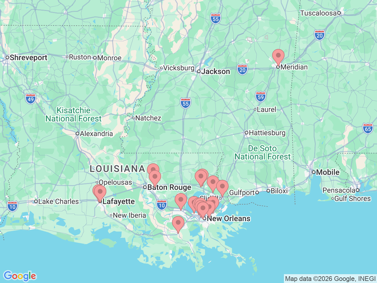 Map of Ochsner-affiliated facilities that provide services related to Neurology