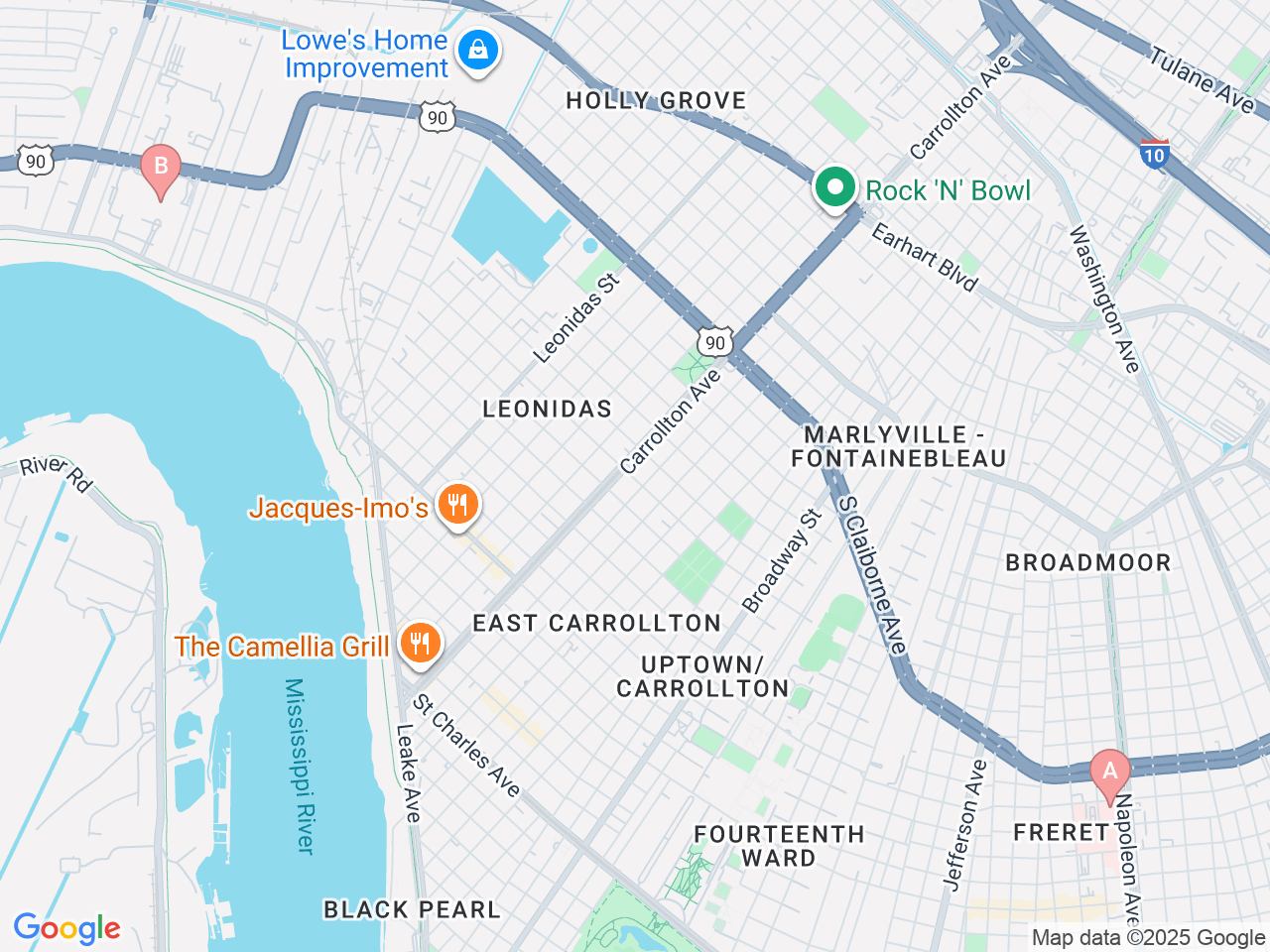 Map of Ochsner-affiliated facilities that provide services related to Neuropsychology