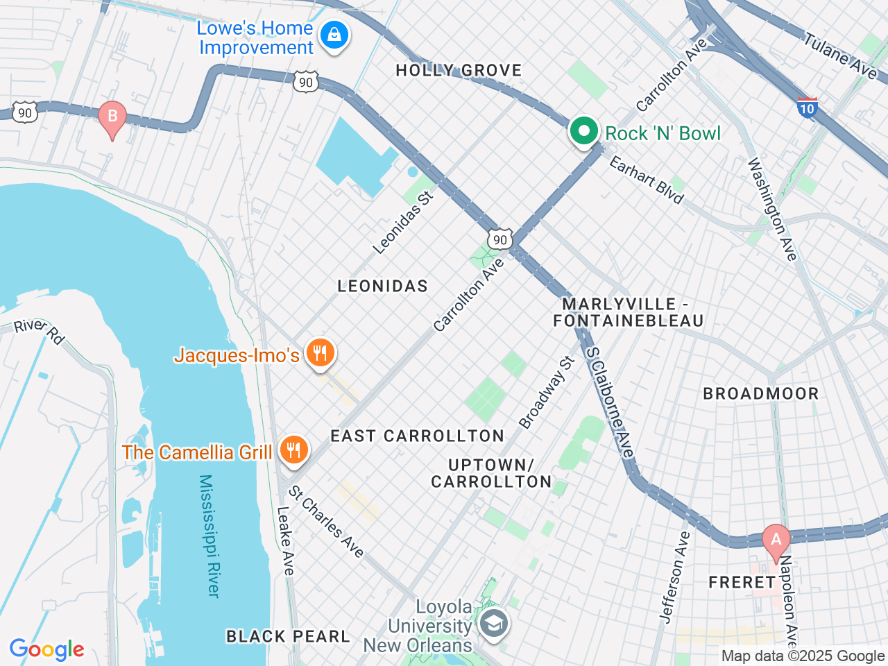 Map of Ochsner-affiliated facilities that provide services related to Neuropsychology