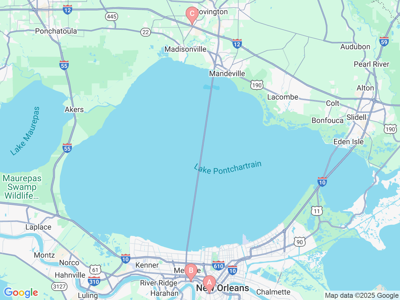 Map of Ochsner-affiliated facilities that provide services related to Neuropsychology