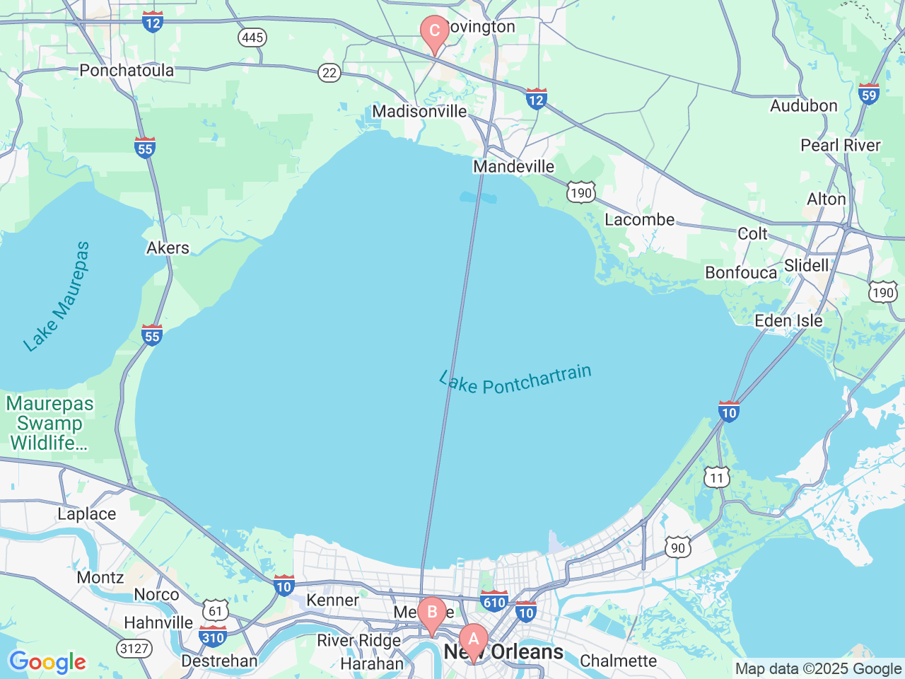 Map of Ochsner-affiliated facilities that provide services related to Neuropsychology