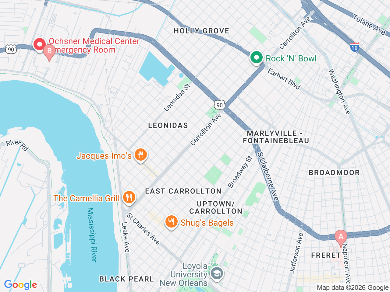 Map of Ochsner-affiliated facilities that provide services related to Neuropsychology