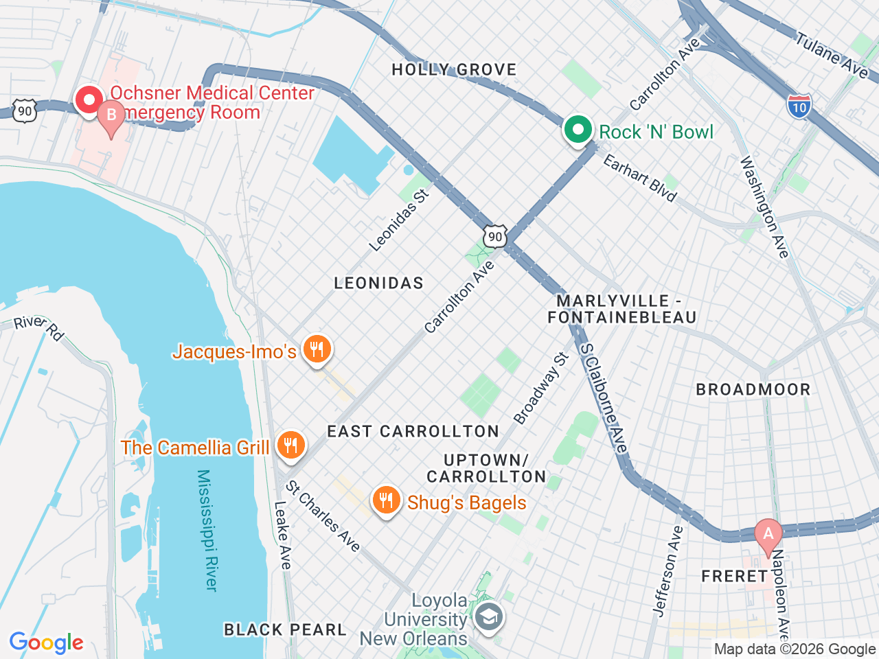 Map of Ochsner-affiliated facilities that provide services related to Neuropsychology