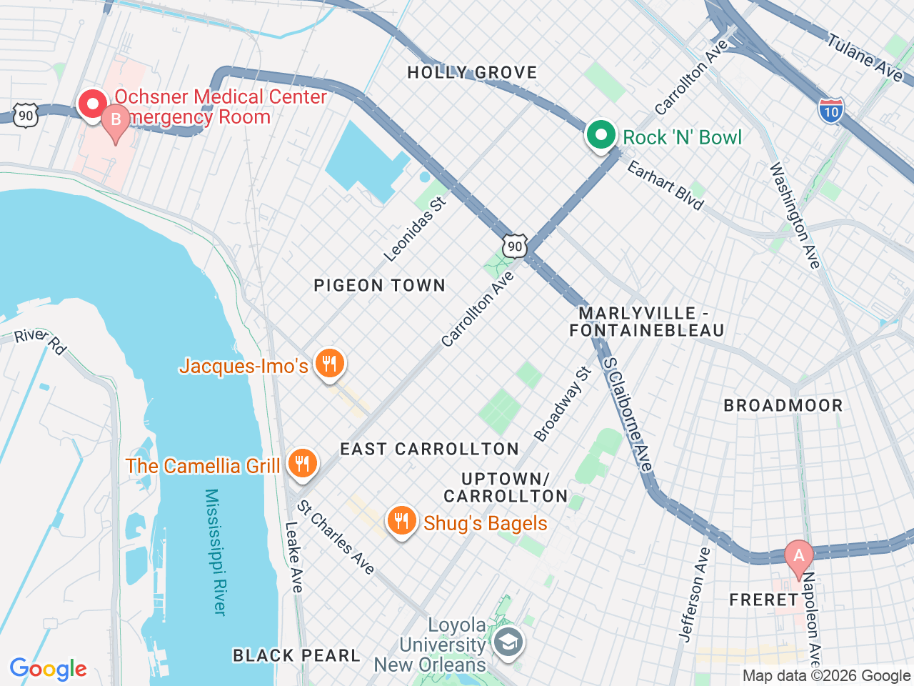 Map of Ochsner-affiliated facilities that provide services related to Neuropsychology