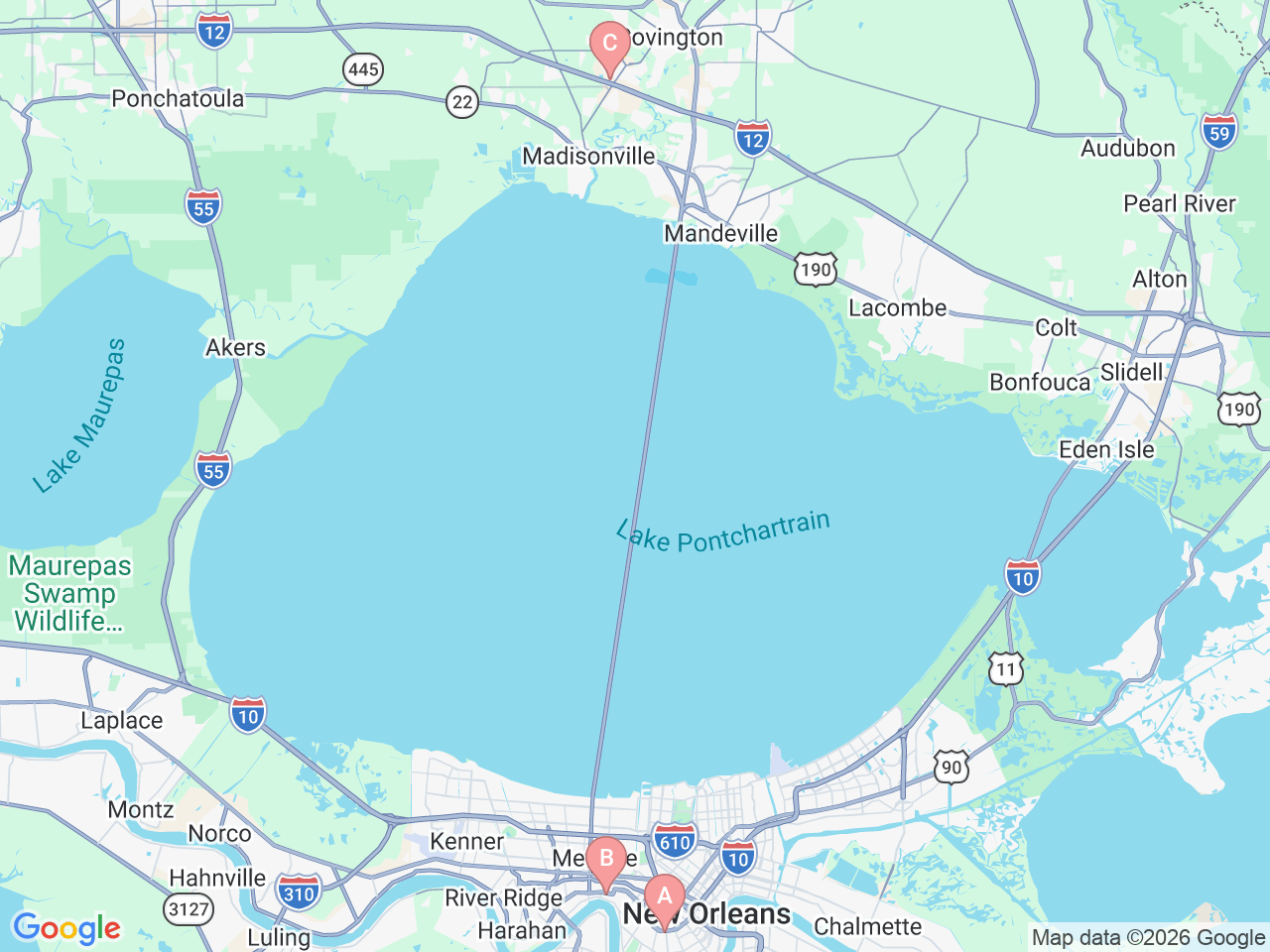 Map of Ochsner-affiliated facilities that provide services related to Neuropsychology