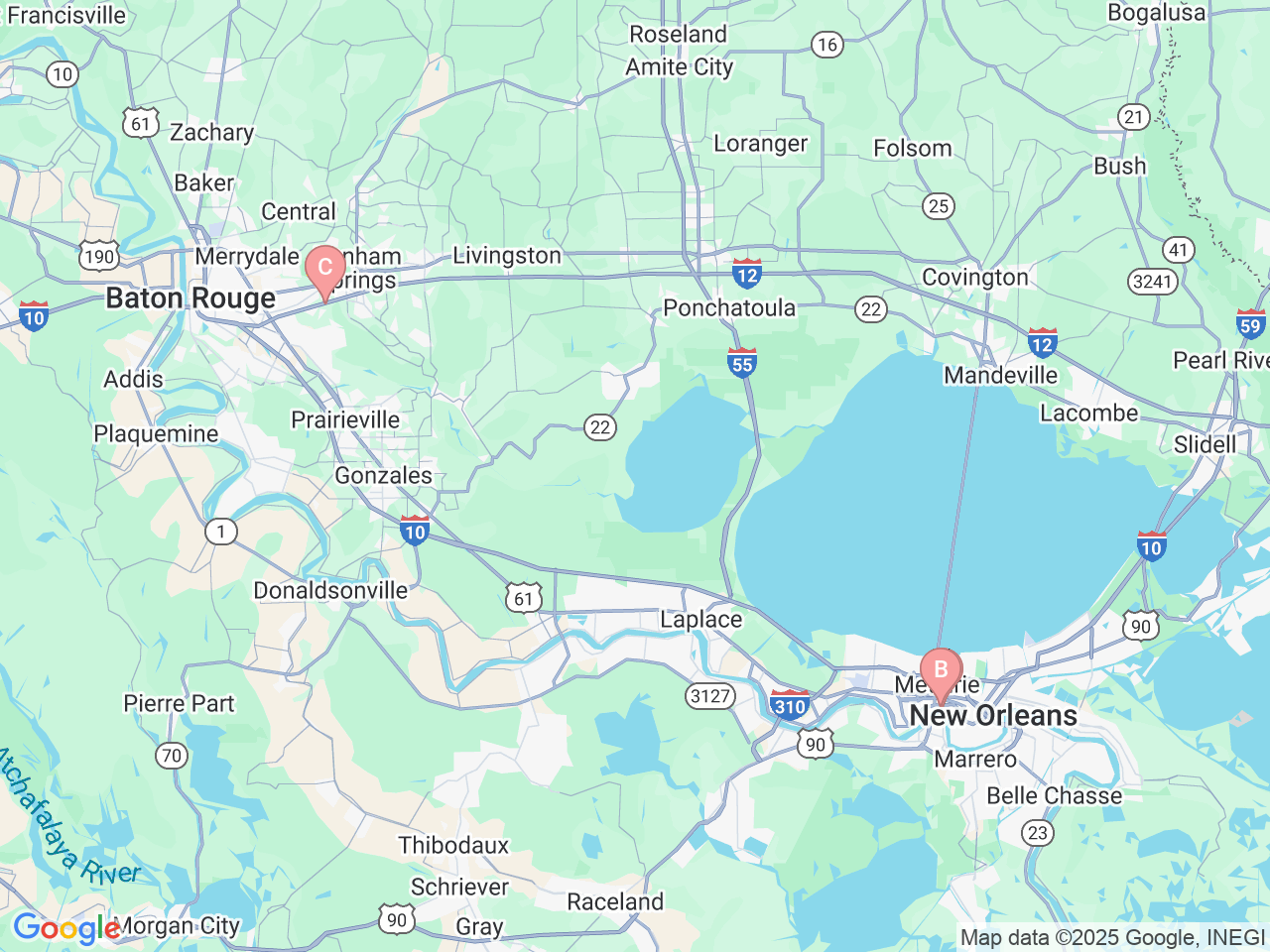 Map of Ochsner-affiliated facilities that provide services related to Neuroradiology