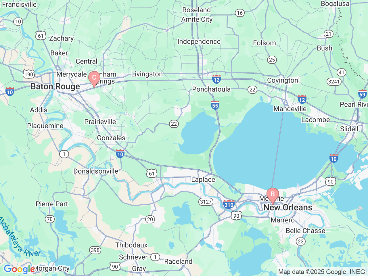 Map of Ochsner-affiliated facilities that provide services related to Neuroradiology