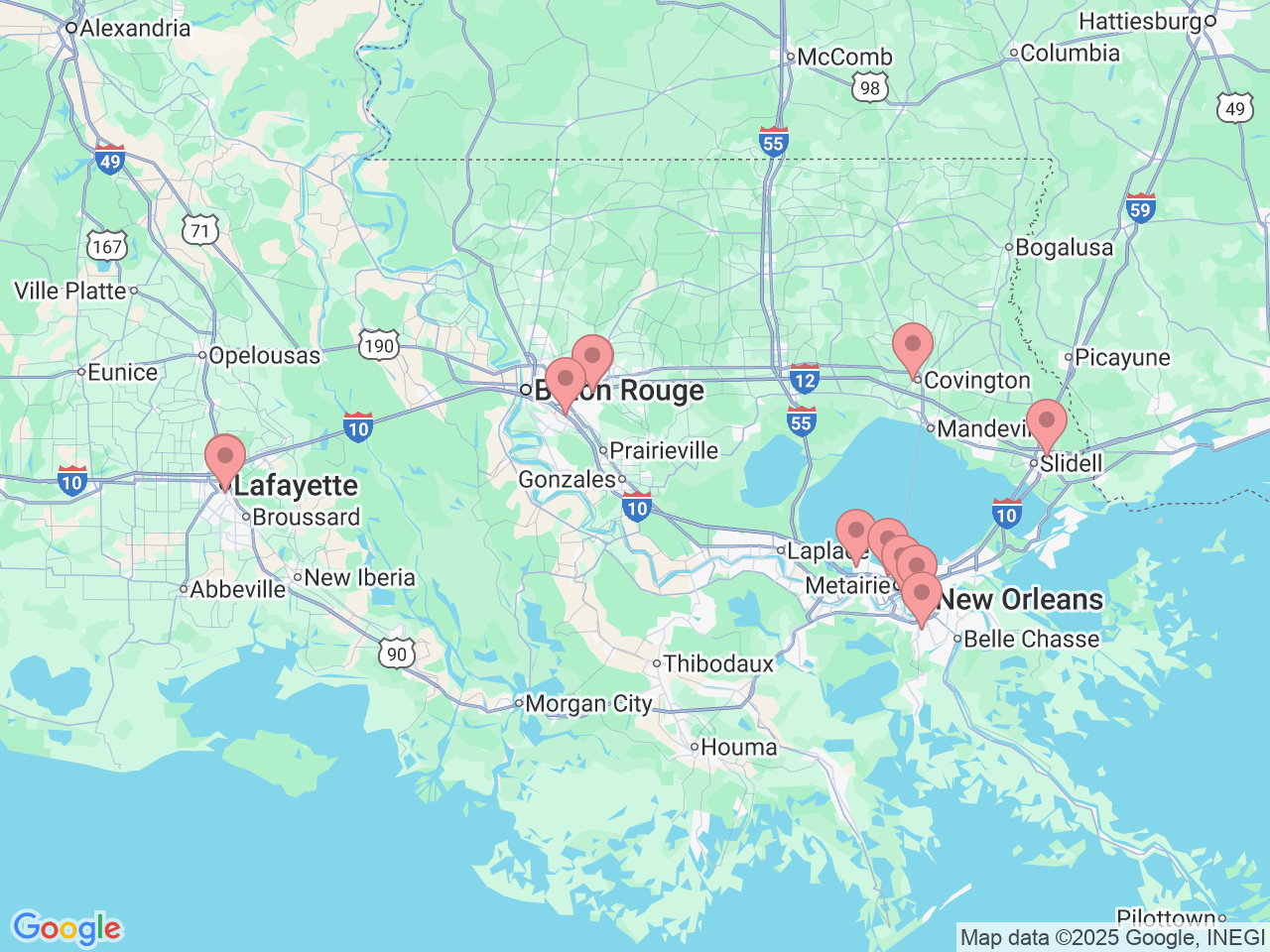 Map of Ochsner-affiliated facilities that provide services related to Neuroscience