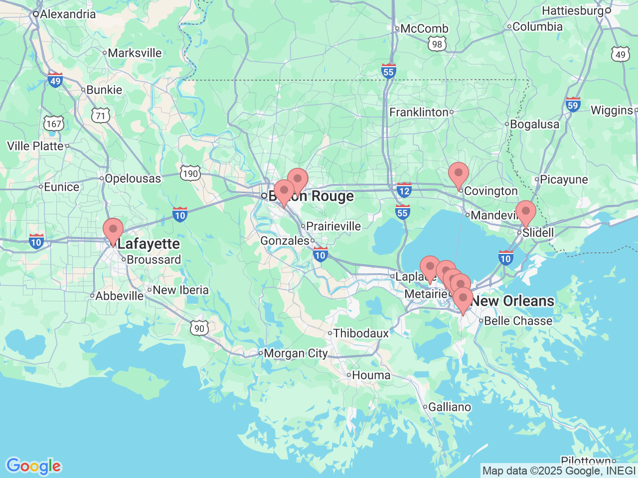 Map of Ochsner-affiliated facilities that provide services related to Neuroscience