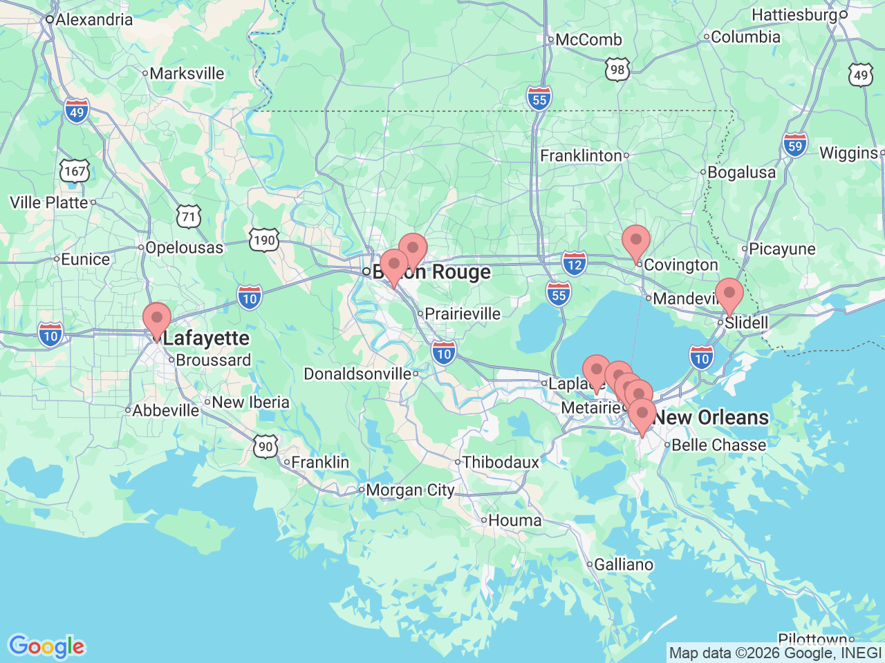 Map of Ochsner-affiliated facilities that provide services related to Neuroscience