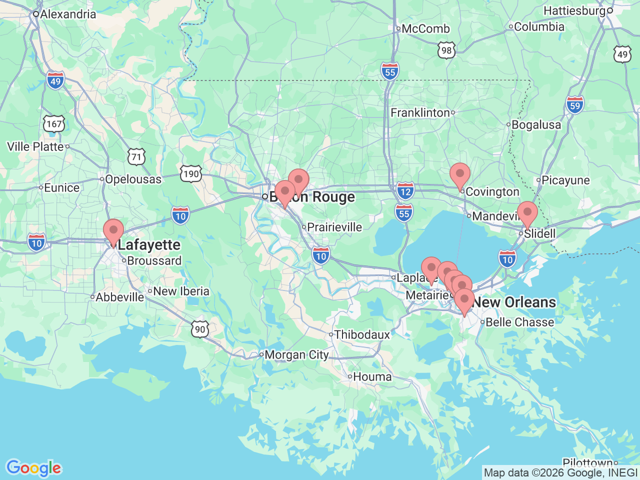 Map of Ochsner-affiliated facilities that provide services related to Neuroscience