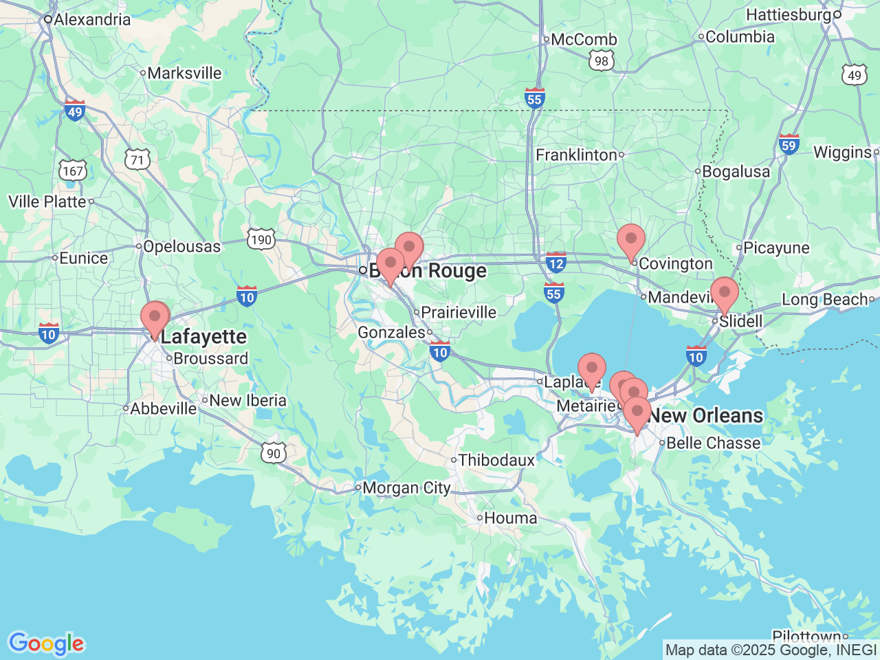 Map of Ochsner-affiliated facilities that provide services related to Neurosurgery at Ochsner