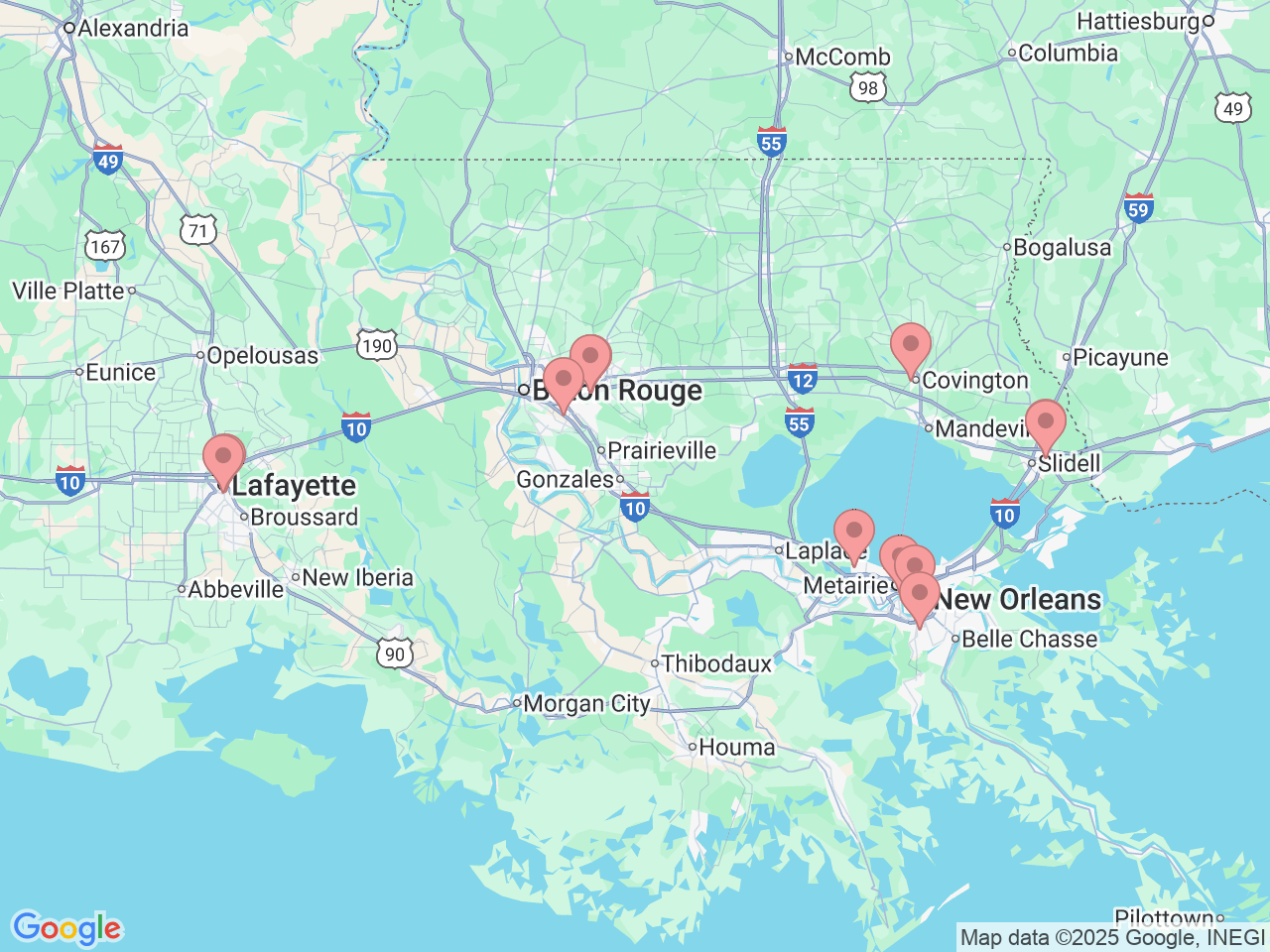 Map of Ochsner-affiliated facilities that provide services related to Neurosurgery at Ochsner