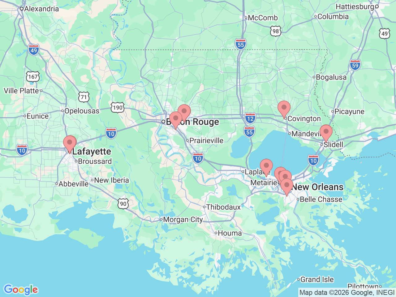 Map of Ochsner-affiliated facilities that provide services related to Neurosurgery at Ochsner