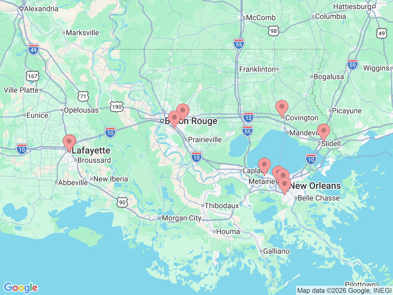 Map of Ochsner-affiliated facilities that provide services related to Neurosurgery at Ochsner