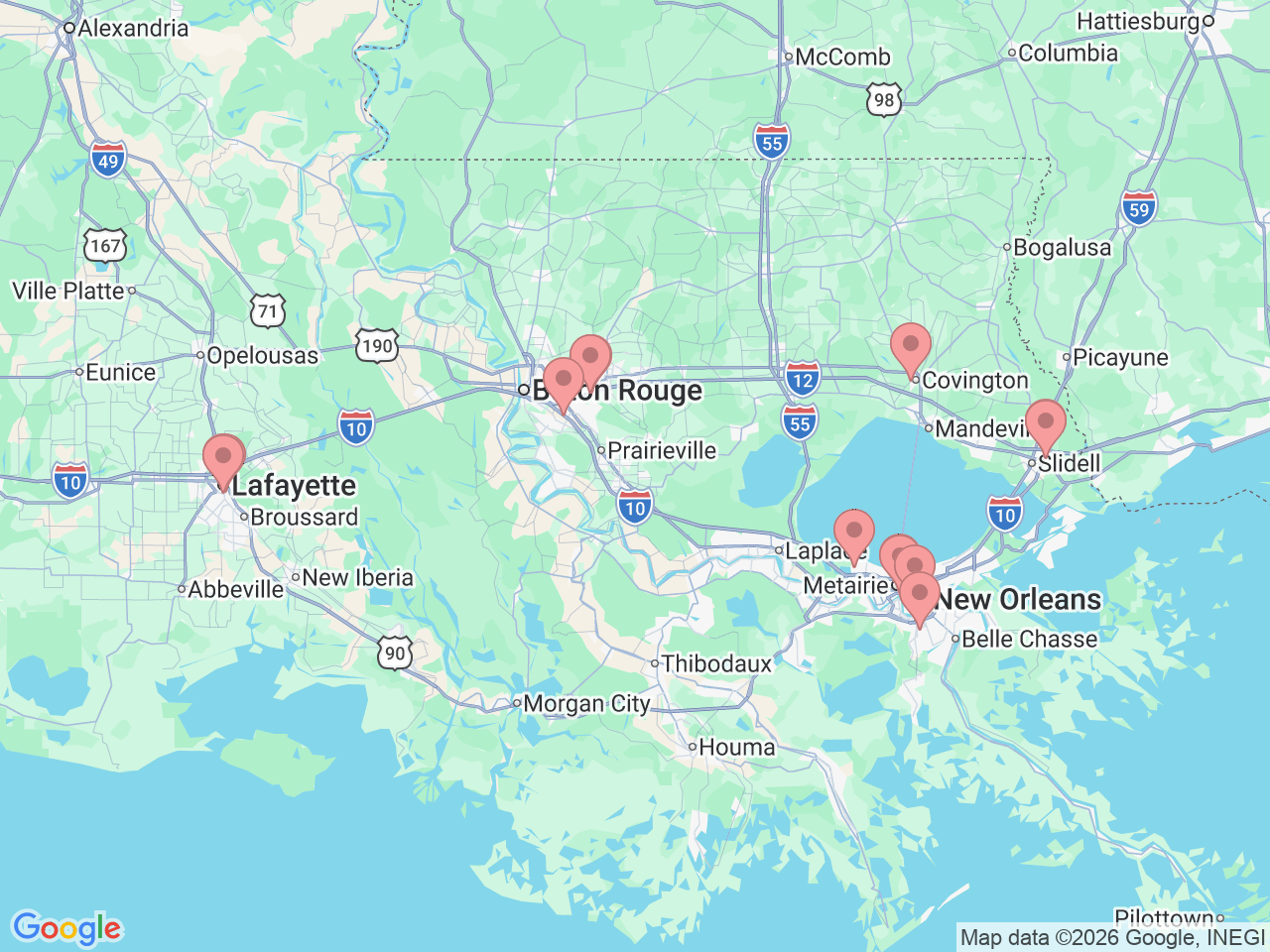 Map of Ochsner-affiliated facilities that provide services related to Neurosurgery at Ochsner