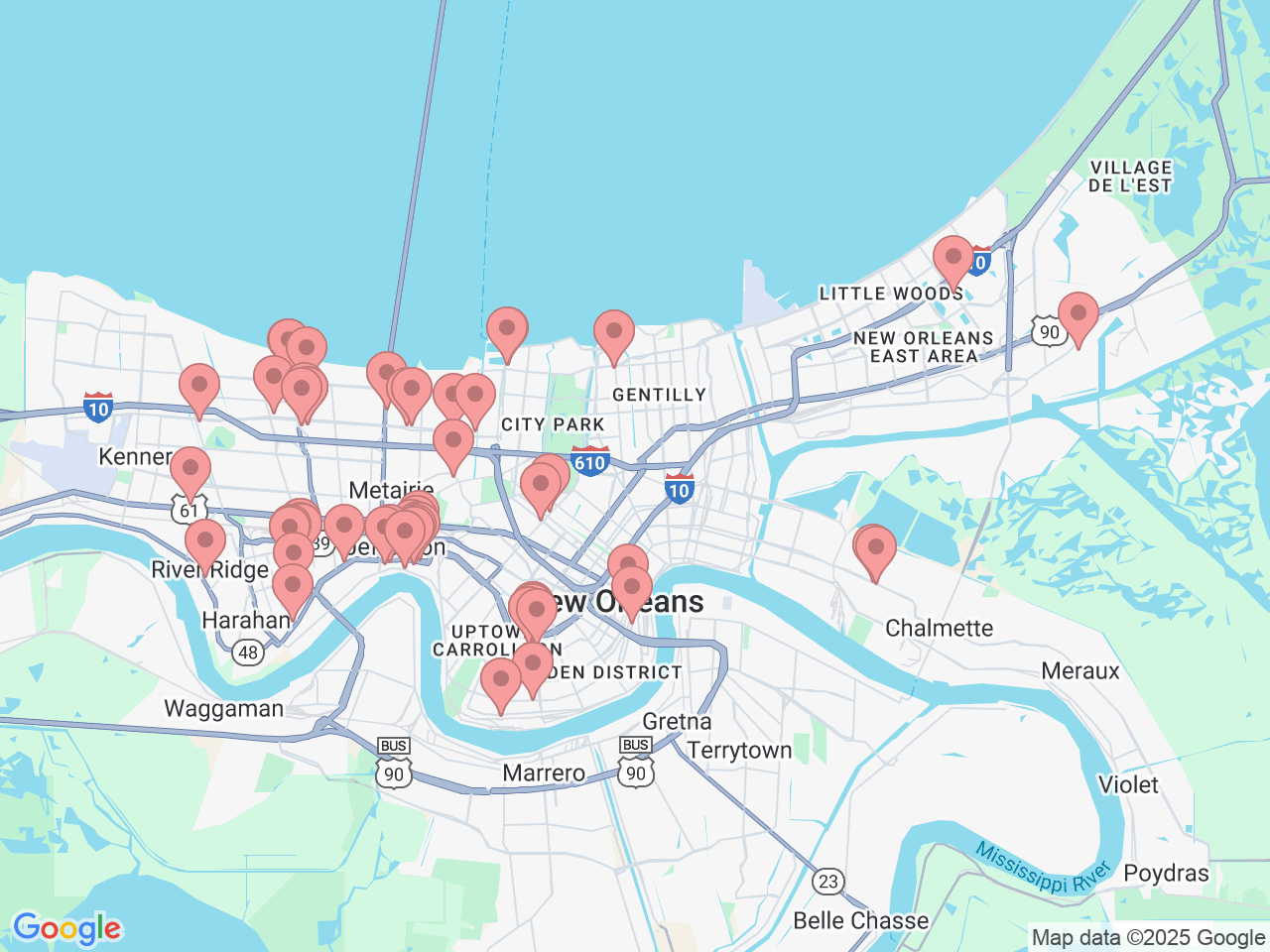 Map of Ochsner-affiliated facilities that provide services related to New Orleans Area