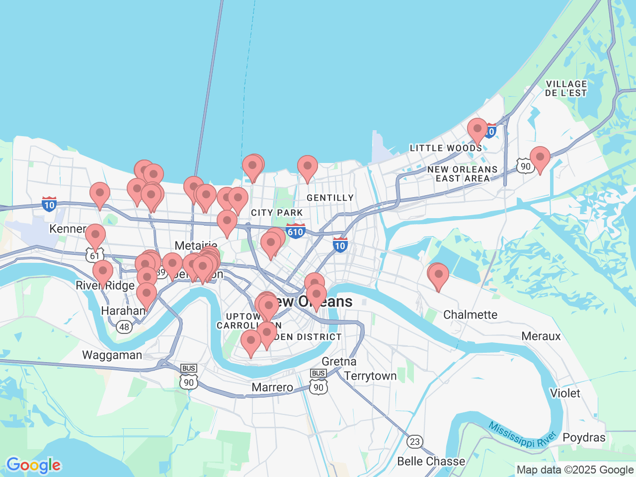Map of Ochsner-affiliated facilities that provide services related to New Orleans Area