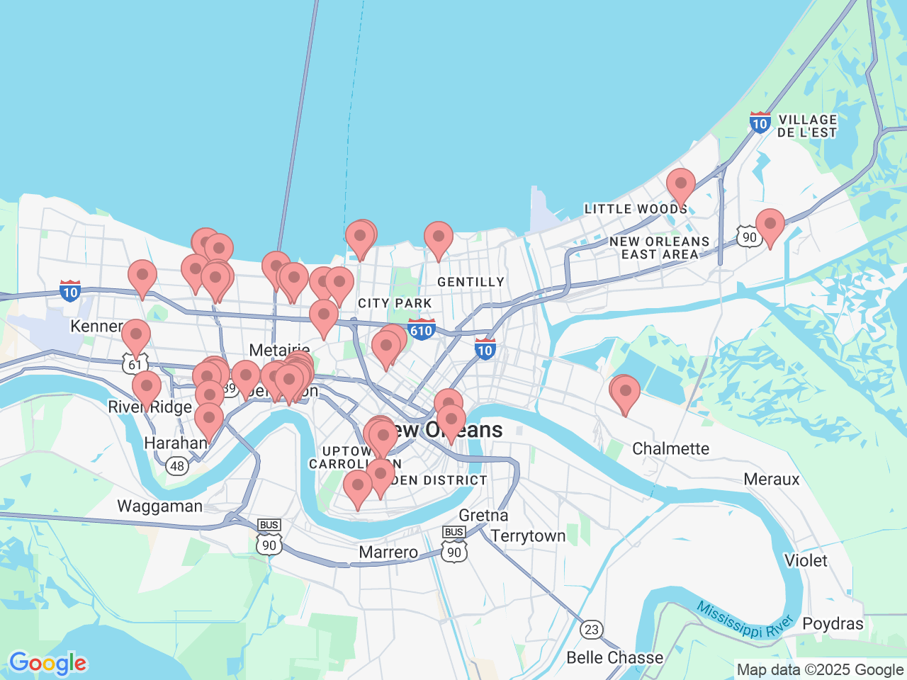 Map of Ochsner-affiliated facilities that provide services related to New Orleans Area