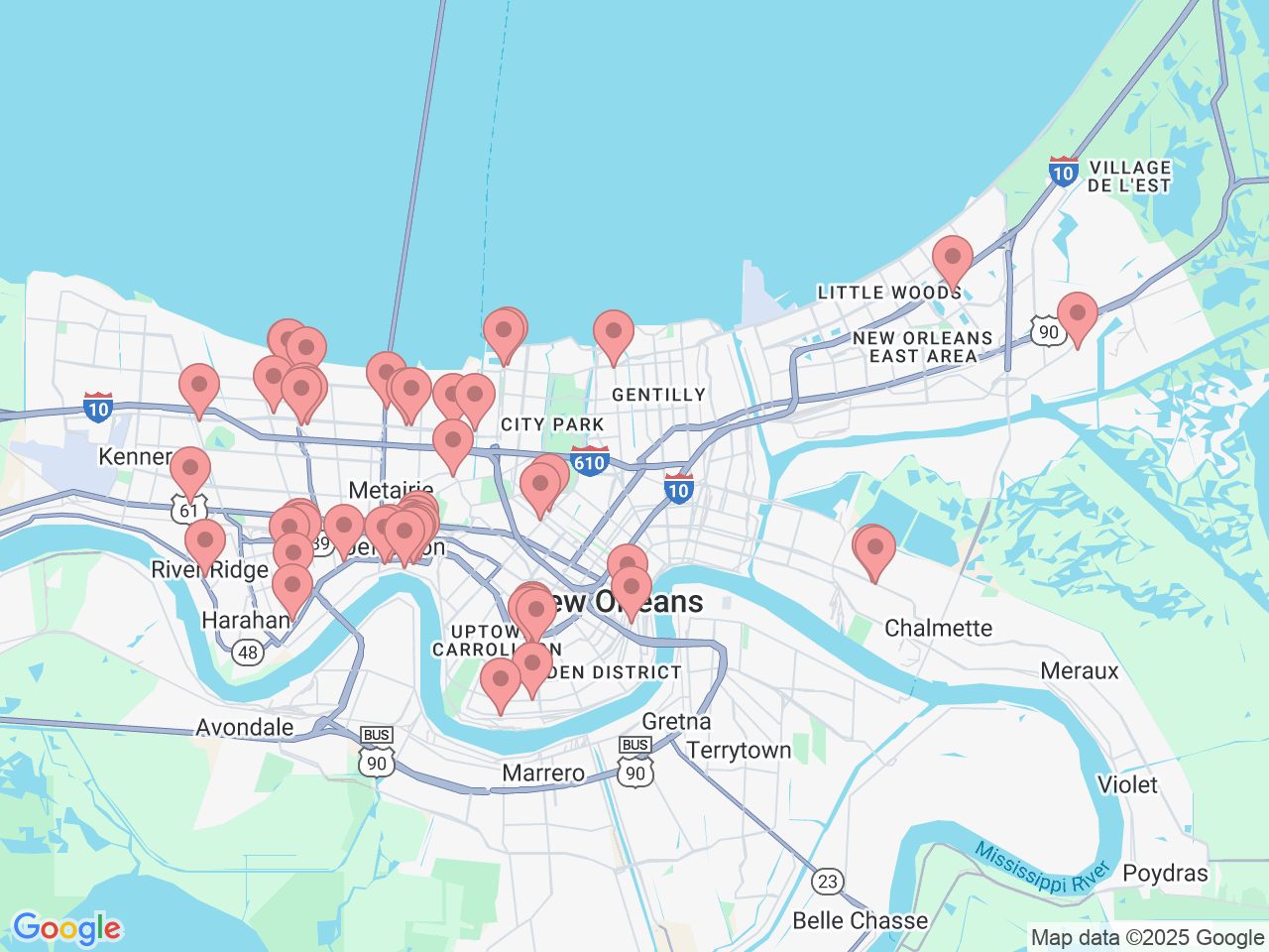 Map of Ochsner-affiliated facilities that provide services related to New Orleans Area