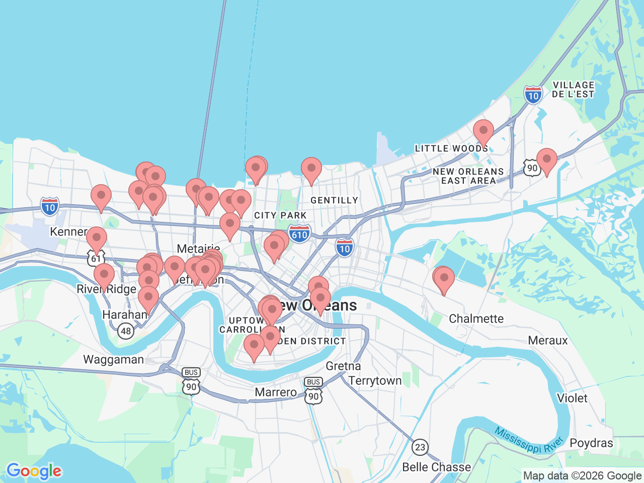 Map of Ochsner-affiliated facilities that provide services related to New Orleans Area