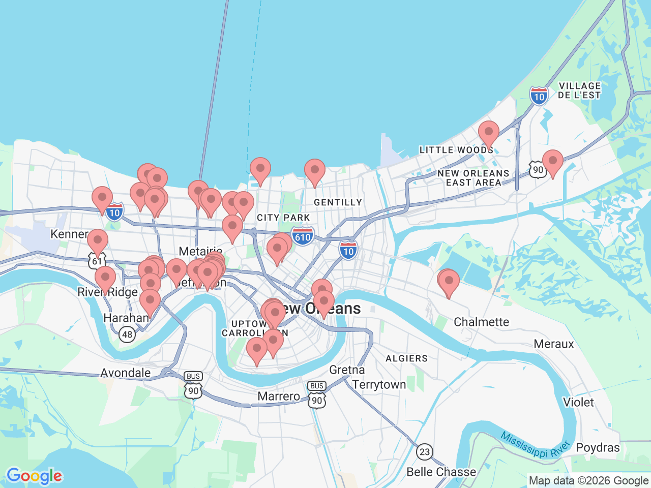 Map of Ochsner-affiliated facilities that provide services related to New Orleans Area