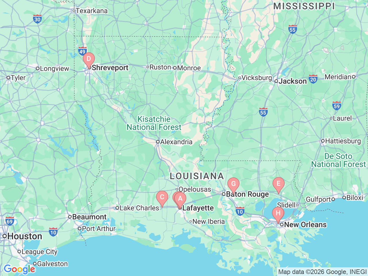 Map of Ochsner-affiliated facilities that provide services related to Non-Hodgkin Lymphoma
