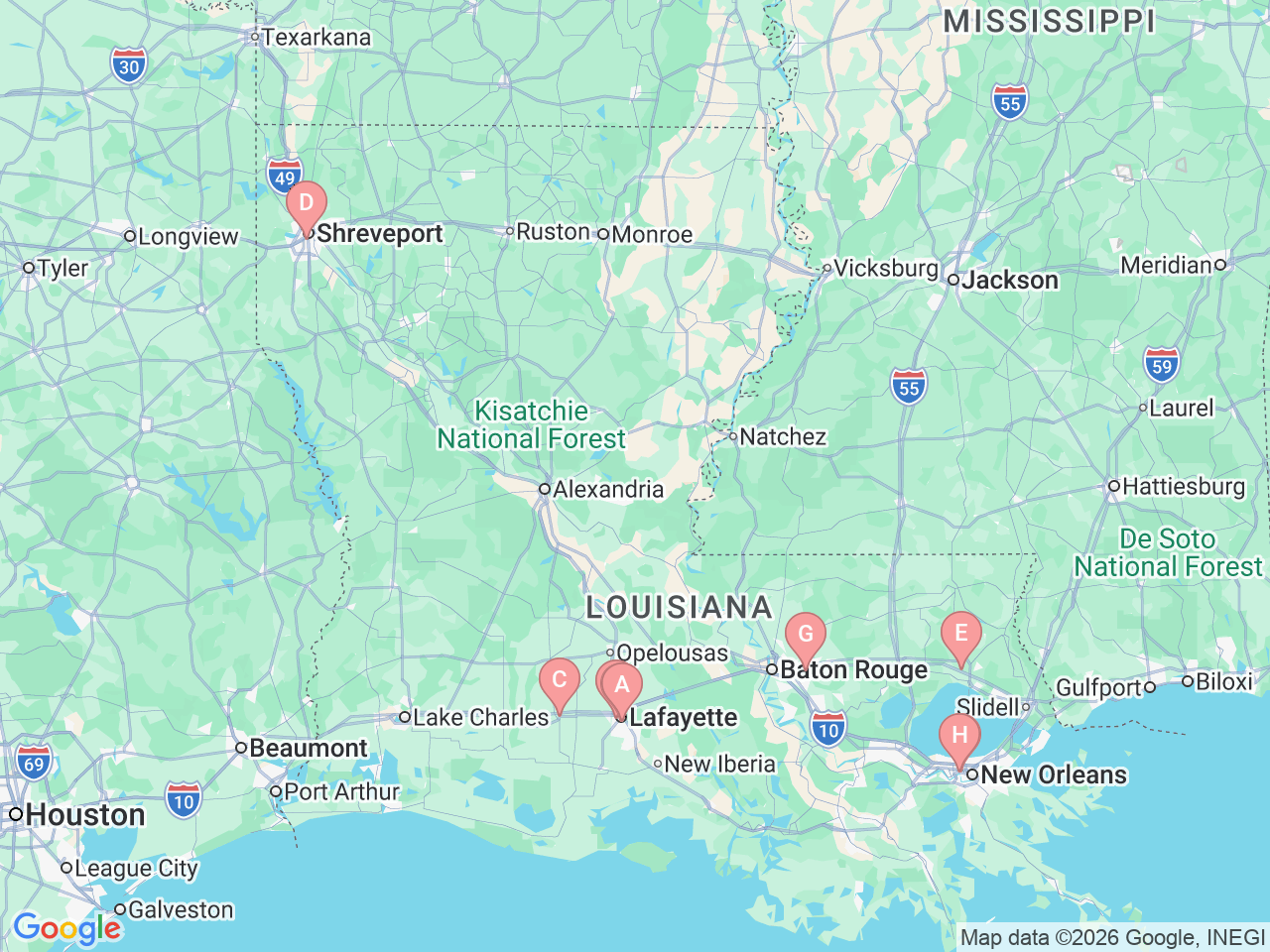 Map of Ochsner-affiliated facilities that provide services related to Non-Hodgkin Lymphoma