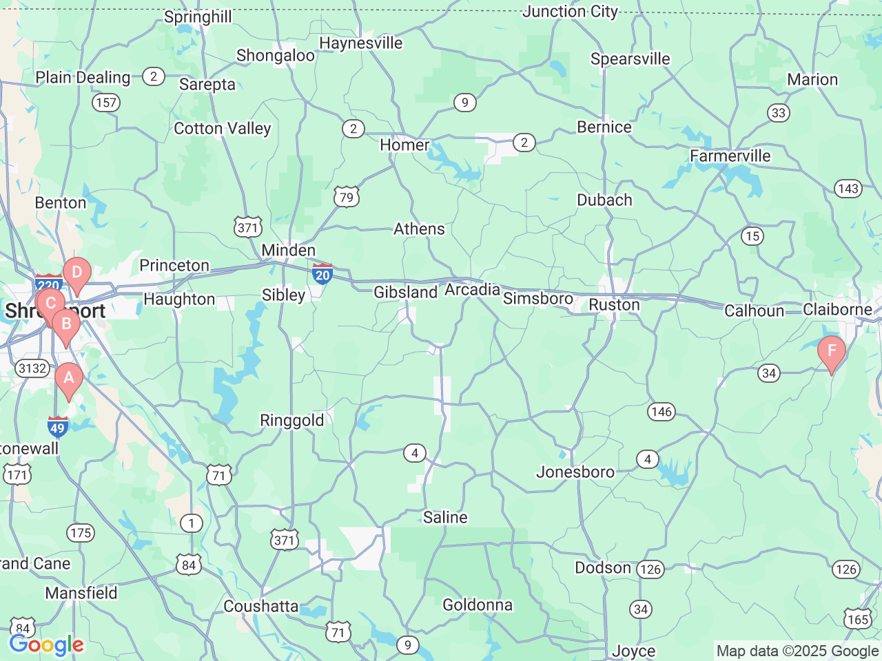Map of Ochsner-affiliated facilities that provide services related to North Louisiana