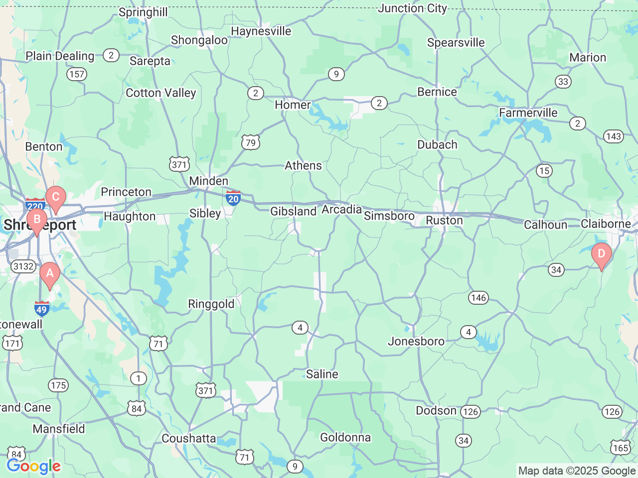 Map of Ochsner-affiliated facilities that provide services related to North Louisiana