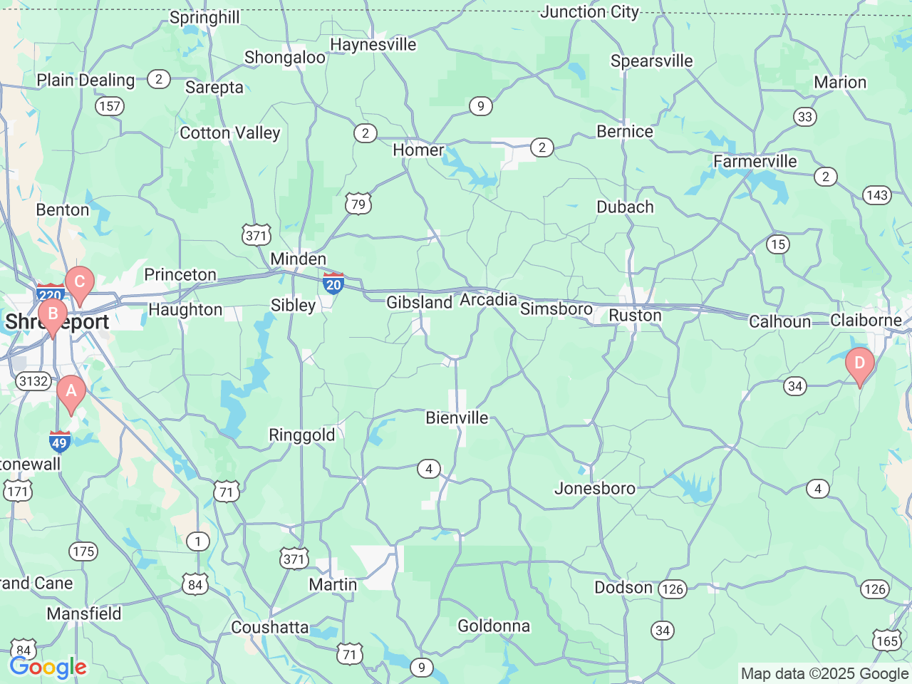 Map of Ochsner-affiliated facilities that provide services related to North Louisiana