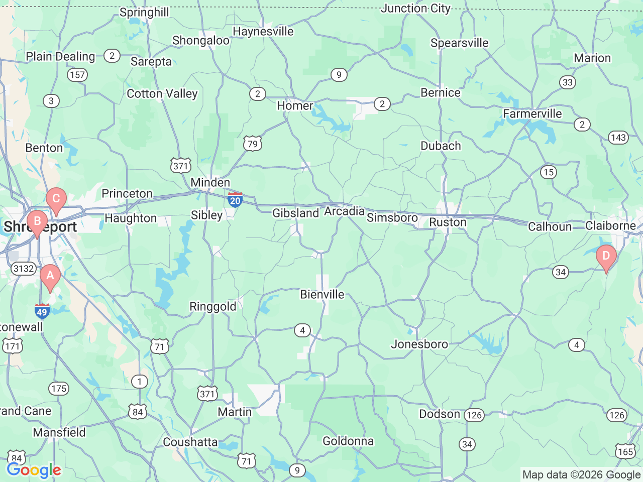 Map of Ochsner-affiliated facilities that provide services related to North Louisiana
