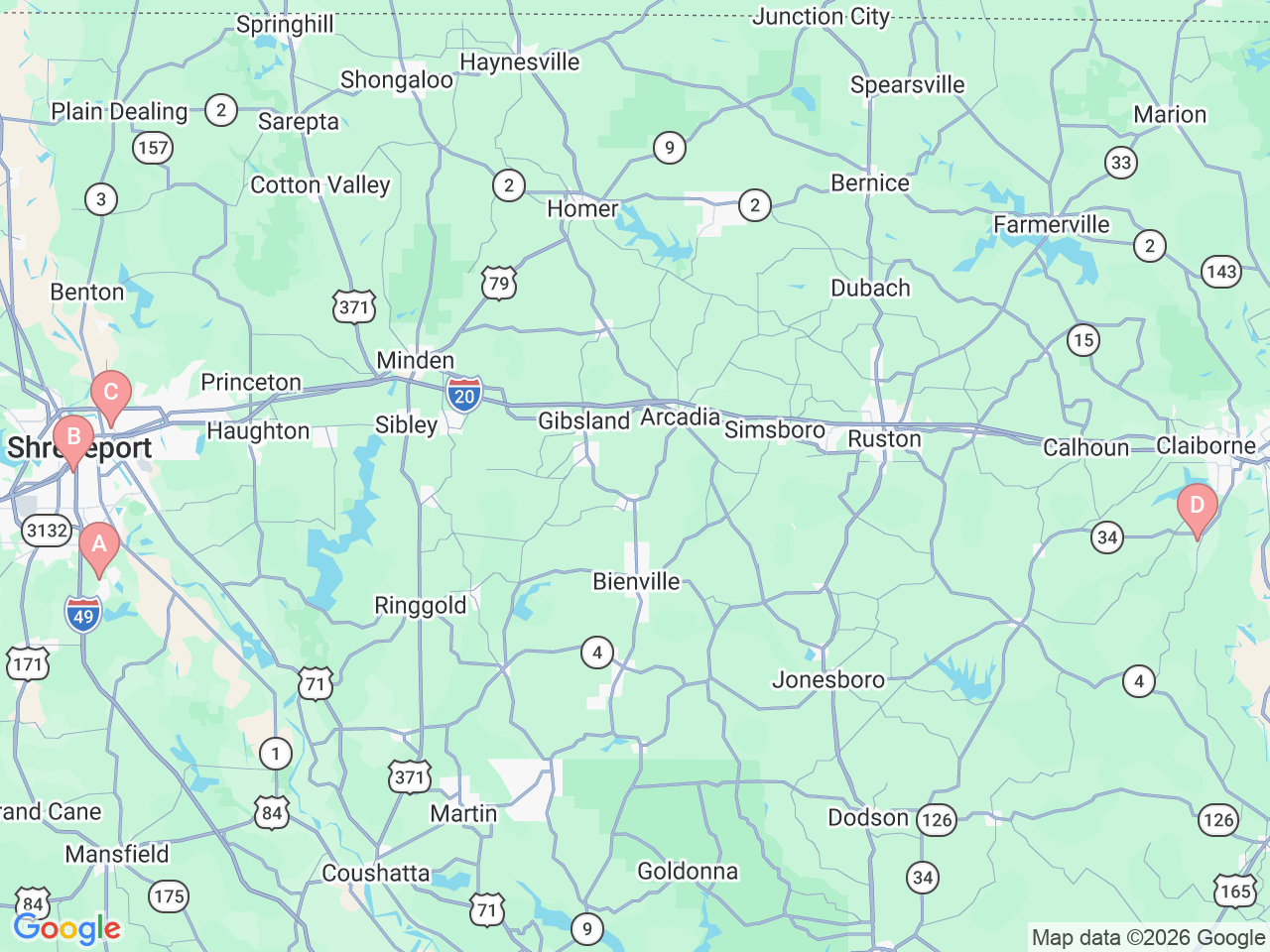 Map of Ochsner-affiliated facilities that provide services related to North Louisiana