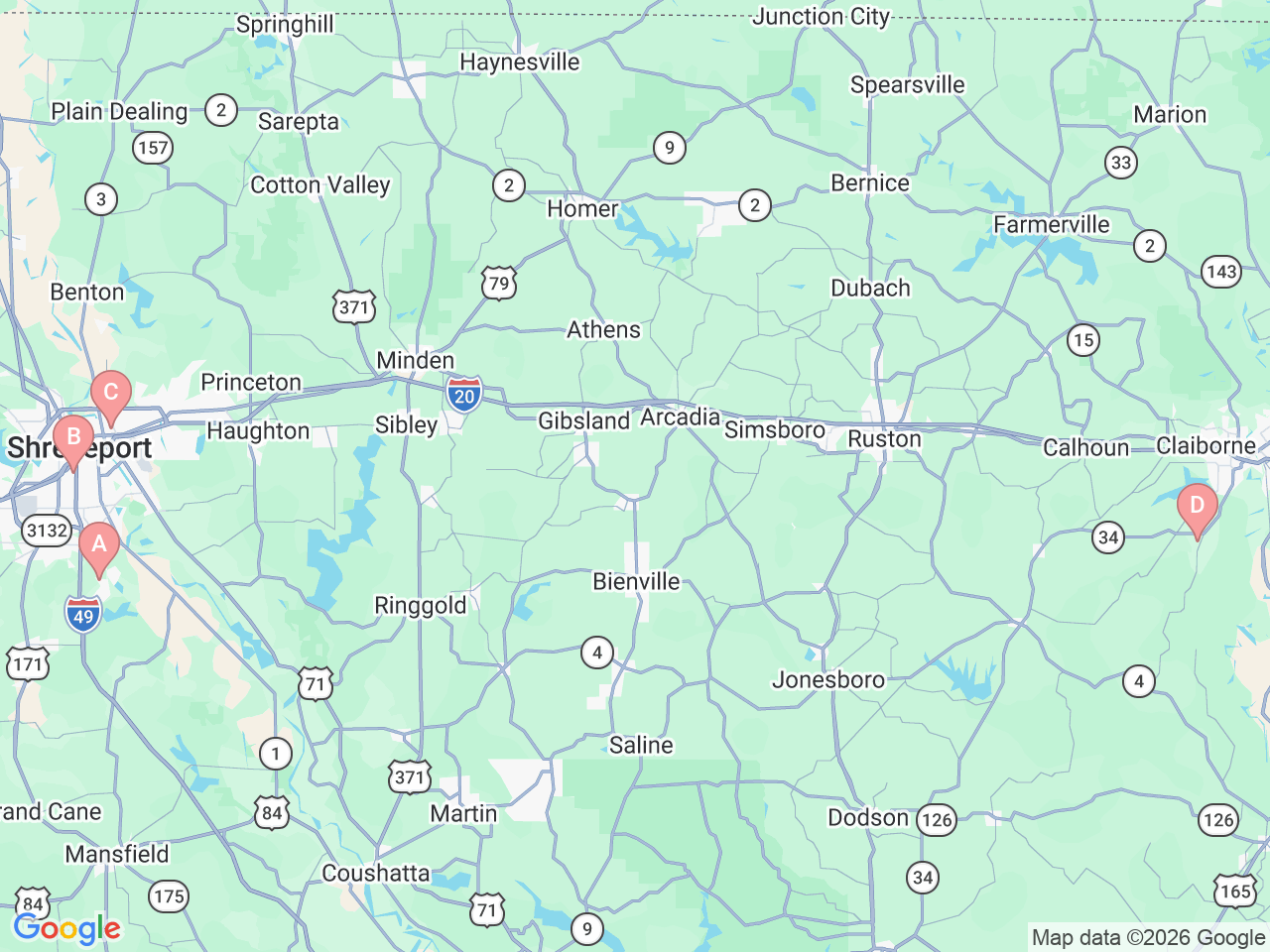 Map of Ochsner-affiliated facilities that provide services related to North Louisiana